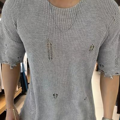 TEMU New Summer Knitted Pullover For Men With A Round Neck, Short Sleeves, And A Casual, Versatile Style Featuring A Floral Pattern And Distressed Details. Image
