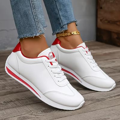 TEMU Women's Low-top Sneakers - Lightweight Breathable Synthetic Cover & Rubber Sole, White With Red Accents, Casual Walking Shoes For Casual Attire, Ladies Sneakers Image