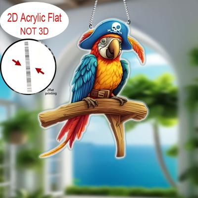 TEMU 2d Flat, Bohemian 2d Pirate Parrot Hanging Decor – Colorful Acrylic Bird Ornament With Wooden Perch, & Hat Design, Indoor Or Outdoor Home Decoration, Bird Decor Image