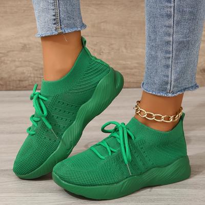TEMU Women' Green Sneakers - Lace-up, Rubber Sole, Casual Flat Shoes For Spring, Casual Footwear | Trendy Sneakers | Comfortable Footwear Image