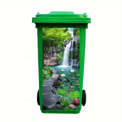 TEMU 1pc Waterfall & Trash Can Sticker - Self-adhesive Nature Landscape Decal With Vibrant Forest, River, And Mushroom Scenes For Outdoor Yard, Park, Or Home Decor Image