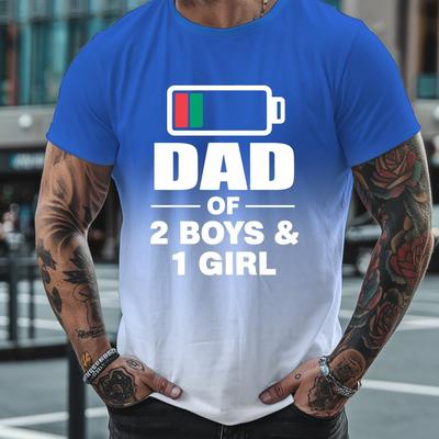 "TEMU Men's Gradient "dad Of 2 Boys & 1 Girl" Graphic T-shirt - Royal Blue To White, Casual Short Sleeve, Breathable Polyester, Summer Fashion Top For Dads, Fathers Day Gift" Image