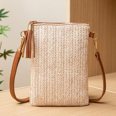 TEMU Beige Woven Crossbody Bag With Tassel Zipper - Ideal For Beach & Vacation, 0 Wallet, Durable Fabric, Zippered Closure, Vacation Accessory|tassel Zipper Bag|woven Texture Image