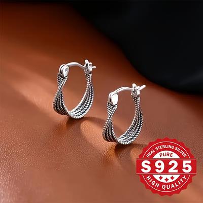 TEMU Vintage Royal Twist Hoop Earrings - Hypoallergenic 925 Sterling Silver, Unique Woven Design, Perfect Gift For Women, Ideal For Thanksgiving And , Jewelry Gift, Boho Style, , Thanksgiving Image