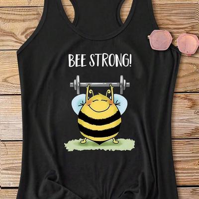 "TEMU Women's "" Graphic Tank Top - Black Sleeveless Shirt With Cartoon Bee & Dumbbell Design, Casual Spring/summer Style, Bee Gym Tshirt" Image