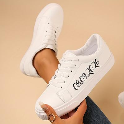 TEMU 1 Pair Unisex Flat Skate Shoes, White, Customizable, Glitter Font, Lace-, Lightweight Synthetic Leather Upper, Rubber Outsole, Fabric Inner And Insole, For Couple, Holiday Gift, Casual Sports Image