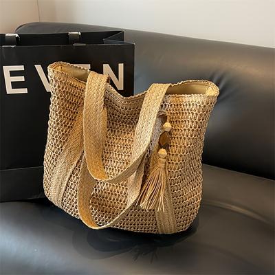 TEMU Large Capacity Woven Tote Bag - Beige, Paper Material, Zipper Closure, Polyester Lining, Ideal For Beach, Picnics, Commuting, Everyday Tote|woven Handle Bag|zippered Bag Image