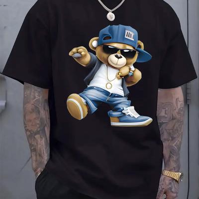 TEMU Men's Hip Hop Bear Graphic T-shirt - Cool Cartoon Teddy , White Crew Neck Short Sleeve Tee For Summer, Casual & , Everyday Tee | Hip Hop Apparel | Polyester Fabric, Bear T Shirt Image