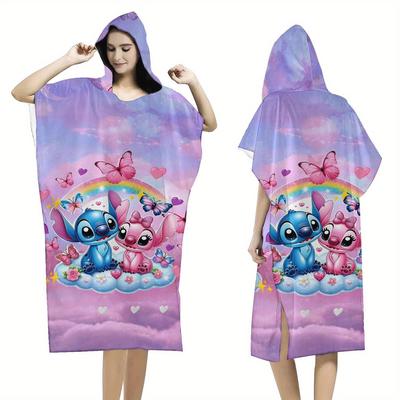TEMU 1pc Stitch Beach Bathrobe - Quick Dry, Super Absorbent, Soft & , Vibrant Cartoon Print With Rainbow, Butterflies & Hearts, Yoga, Swimming, Beach & Travel Image