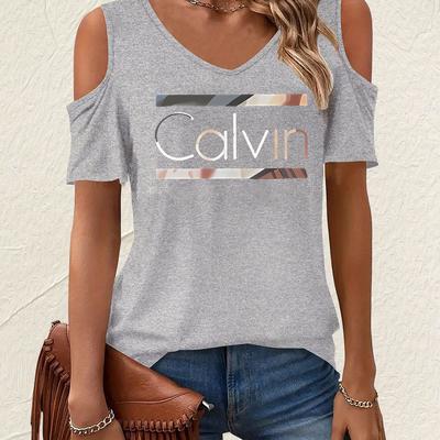 TEMU 1-pack Women's Graphic Print T-shirt, Short Sleeve V-neck Casual Top With Letter Design, Lightweight Polyester Fabric, Machine Washable, Spring & Fall Essential, Wear Image