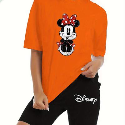 TEMU Licensed A Mouse Print Women's Fashion Fitted Short-sleeve Top And Shorts, Spring And Summer. Image