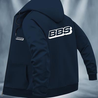 "TEMU Men's Navy Blue Hooded Sweatshirt With "bbs" Logo - Casual Pullover With Zipper Closure, Pockets, And Polyester Lining, Casual Wear Hoodie | Lettering Hoodie | Zippered Hoodie" Image