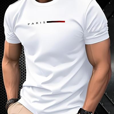 TEMU Men's Paris Graphic T-shirt - Stylish White Crew Neck Short Sleeve Tee With Red Accent & Logo, Soft Polyester Fabric, Machine Washable, Casual Wear Image