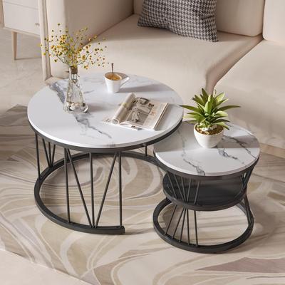 TEMU Ycz Set Of 2 Round Low Tables, Nesting Tables, Modern Side Tables With Metal Frame For Living Room, Balcony, Office (black Frame + White Top) Image