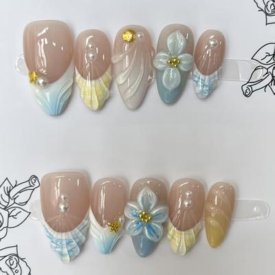 TEMU Ten-piece Set Of Reusable French Almond-shaped 3d Flower Full-coverage Nail Stickers For Women, Vacation And Casual Wear Image