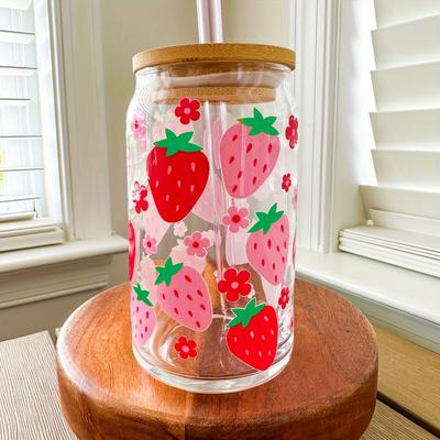 TEMU 1pc, Strawberry Flower Print Glass Cup , 500ml/16.9oz Straw Glass , With Straw And Lid Cylindrical Water Cup, Ice Coffee Cup, Suitable For Tea, Juice, Milk, Birthday Gift, Drinking Utensils Image