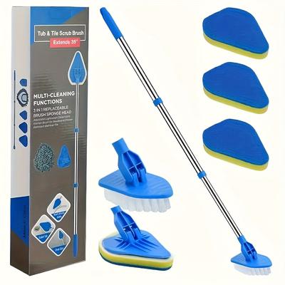 TEMU 1pc Retractable -one Bathroom Cleaning Brush With Stainless Steel Handle, Includes 3 Sponge Heads And 1 Brush Head For Bathtub, Floor, And Pool, Versatile Long-handled Cleaning Tool Image