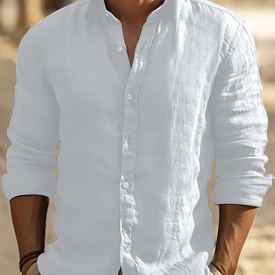 TEMU Men's Casual White Button-up Shirt - Long Sleeve, Polyester, Machine Washable, Classic Collar, Comfortable Everyday Wear, Casual Attire, Plus Size Image