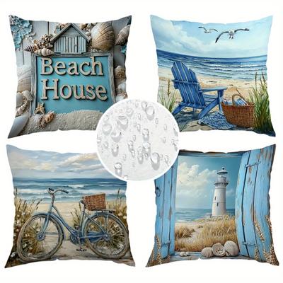 TEMU 4pcs, Outdoor Twill Waterproof Pillowcasebeach House Coastal Decorative Pillow Cover - Nautical Ocean Theme Cushion Case For Home Decorcourtyard Sofa Decoration Image