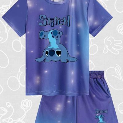 TEMU Stitch Youth Casual Loose Short-sleeved Shirts And Shorts Set Of 2, Element Printed Short-sleeved Shirts And Shorts Set, Boys' Summer Daily And Outdoor Suits., Outdoor Image