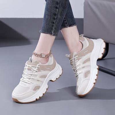 TEMU 2025 New Women's Low-top Lace-up Sneakers - Breathable Mesh & Synthetic Cover, Beige/white Colorway, Round Toe , Tpu Sole For Casual Walking, Travel & Outdoor Activities, Ladies Sneakers Image