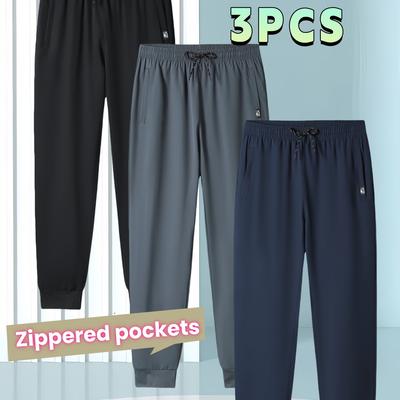 TEMU Men's 3pcs Lightweight Jogger Pants With Zippered Pockets - Quick-dry, Stretchy, Solid Color Casual & Outdoor Loose Fit Trousers For Spring/summer/fall Image