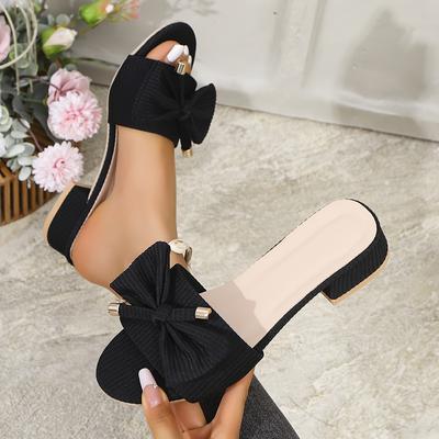 TEMU Women's Fashion Low-heel Sandals With Non-slip Rubber Sole, Vertical Stripes, Bow Decoration, And Open Toe - Summer Casual Wear, Casual Footwear | Vertical Stripes Sandals | Rubber Sole Sandal Image