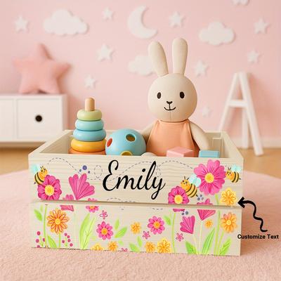 TEMU Customizable Wooden Storage Box With Vibrant Floral & – Personalized Home Organizer For Spring And Summer, Graduation Or School Supplies Image