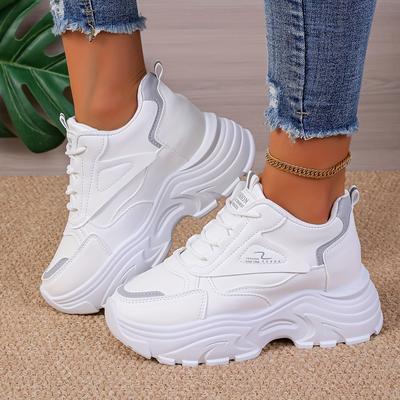 TEMU Women's Fashionable Low-top Casual Sneakers With Thick Sole - White, Lace-up, Wear, Synthetic Upper & Inner, Tpu Outsole, Comfortable Walking Shoes|sleek |durable Outsole Image