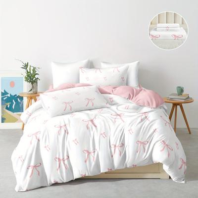 TEMU Jit3pcs 85g2 Month Chemical Fiber Polyester Pink Striped Bow Quilt Cover Set, Three-piece Bedding Set, 1 Quilt Cover 2 Pillowcases, Duvet Cover Set, Digital Printing, Ten Sizes Image