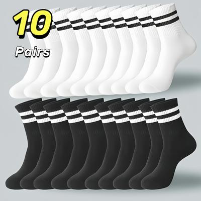 TEMU 10 Pairs Striped White Mid-calf Socks For - Fit Unisex Athletic Socks With Side Stripes, Men's Us Sizes 43-46 (eu 9-11), Lifestyle, , Comfortable Material, Casual Wearers Image