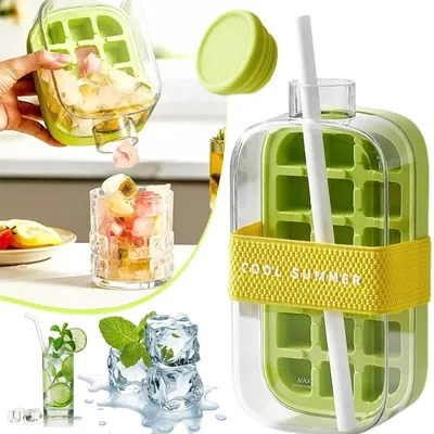 Silicone Freezer Ice Cube Trays Outdoor Ice Water Bottle with Lid Straw Easy Demould Ice Maker Mold for Beer Whiskey Juice