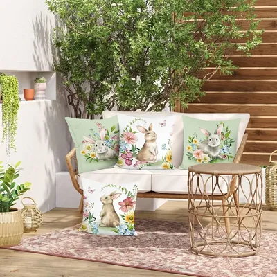 Niedliches Hasenblumenmuster, mit Reißverschluss versehener Kissenbezug, der die Farbe des Wohnzimmersofas hinzufügt. Kein Kissenkern enthalten Image