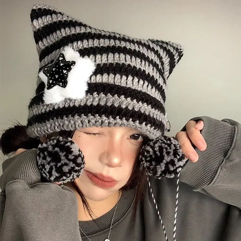 Hip-Hop Y2K Beanie Mütze Ins Teufel Ohr gestreift gestrickte Wollmütze Hip-Hop häkeln süße Katzenohren spitze Pullover Damen Hüte