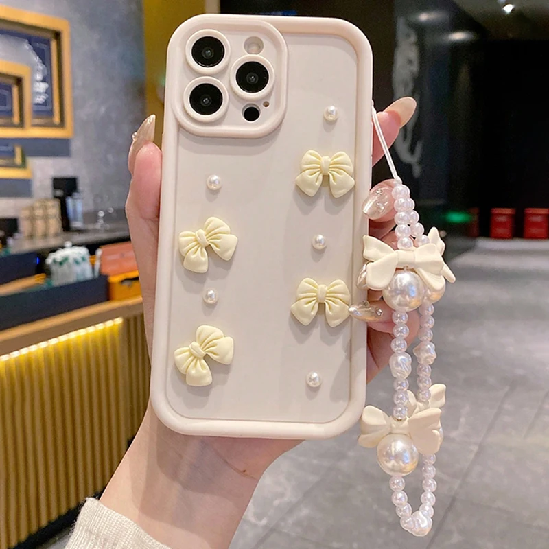 3D elegante Schleife Kunstperlenkette Silikon Handyhülle für iPhone 11 12 13 14 15 16 Pro Max 16E XS X XR 7 8 Plus SE Soft Cover