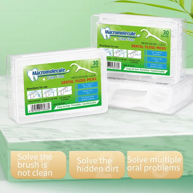 Macromolekül 30 Stück Zahnseide 100 Stück starke Reinigung Interdentalbürste für Zahnpflege Zahnstocher mit Gewinde Oral Image