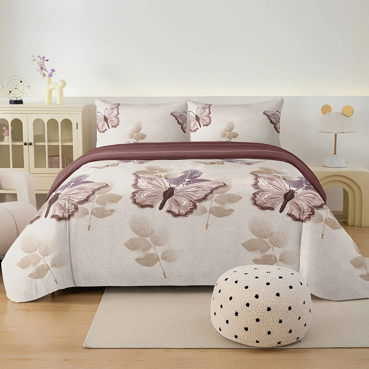 Schlichtes, einfarbiges, mehrfarbiges Bettbezug-Set mit Schmetterlingsdruck, dreiteiliges Set (1 Bettbezug + 2 Kissenbezüge, kein Kern) Image