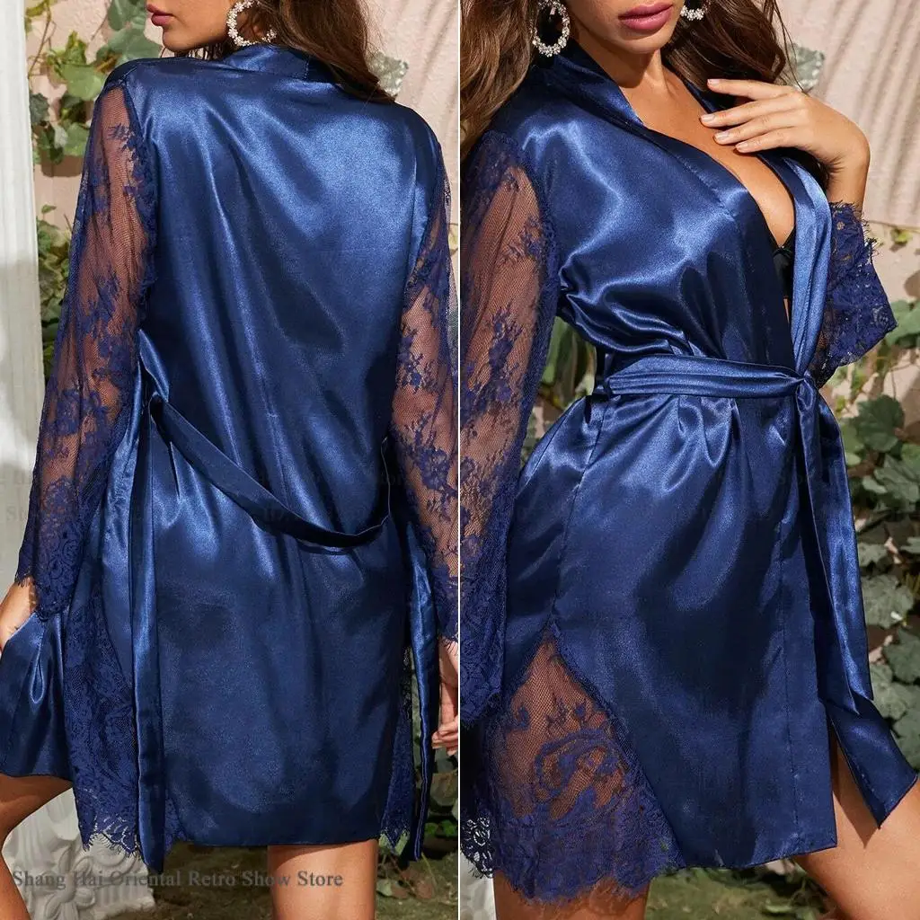 Weibliche Robe Kimono Bademantel Kleid Sommer Seide Satin Nachtwäsche Hause Clothiong Sexy Perspektive Spitze Ärmeln Loungewear Nachthemd Image