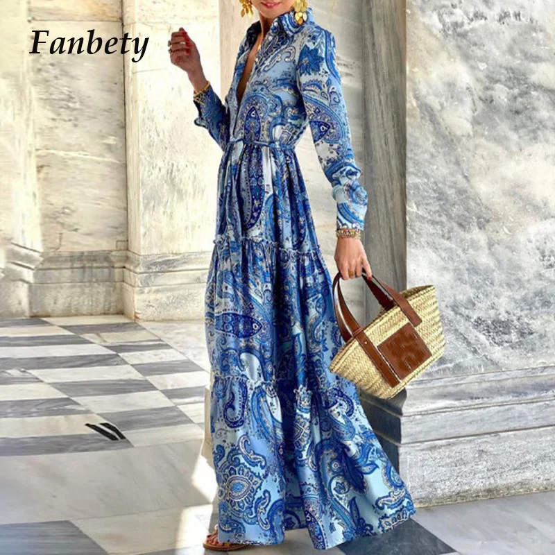 Abito estivo elegante con colletto rovesciato e bottoni, abito lungo da donna, abito da festa a pieghe a maniche lunghe primaverili, maxi abito da spiaggia Boho ampio