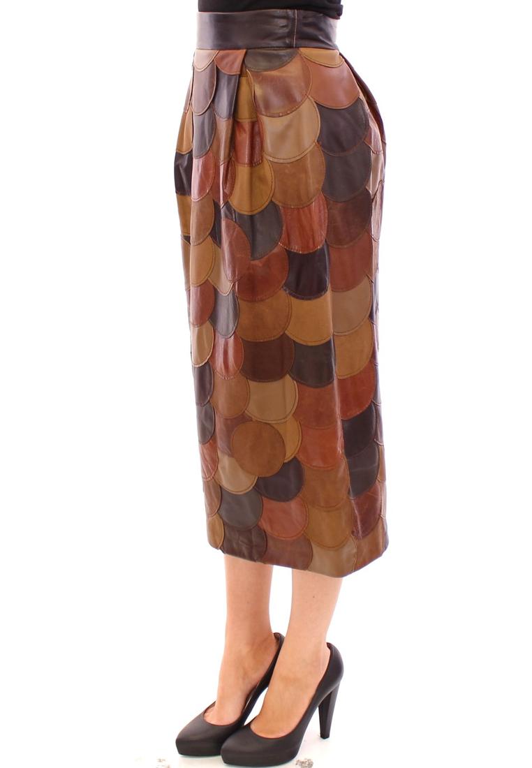 Dolce & Gabbana Damen Brauner Patchwork Leder Bleistiftrock Image