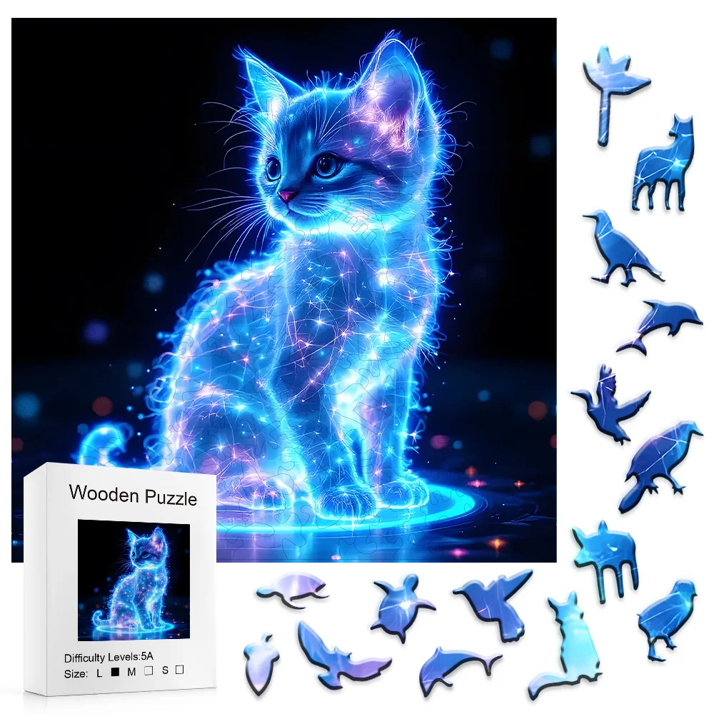 Adult Wooden Puzzle - Fluorescent Cat Wooden Puzzle, Unique Animal Shape Adult Wooden Puzzle, Adult Wooden Puzzle,
