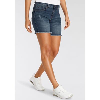 Jeanshotpants KANGAROOS, Damen, Gr. 40, N-Gr, blau (dunkelblau u), Denim/Jeans, Obermaterial: 76% Baumwolle, 16% Polyester, 7% Viskose, 1% Elasthan, Destroyed-Effekte, modisch, bequem kurz, Jeans, kurze Schnittform, mit Destroyed-Effekten,... Image