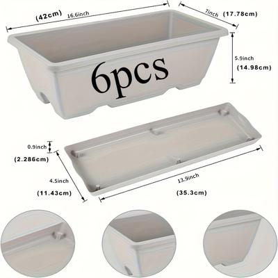 TEMU 6 Classic Rectangular Flower Pots With Drainage Holes And Trays For Indoor And Outdoor Flowers, Vegetables And Plants, Providing A Of Options For Garden, Patio, Home And Porch Decoration Image