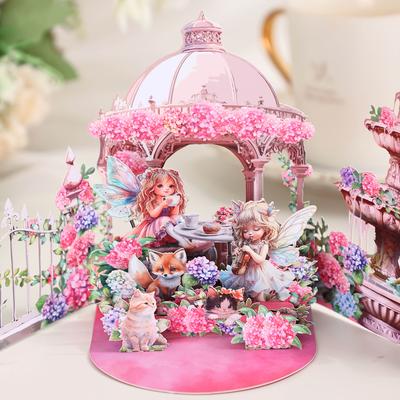TEMU Garden 3d Pop-up Greeting Card – Whimsical With Tea Party Scene, Mother’s Day, Birthdays, Weddings, And Special Occasions Image