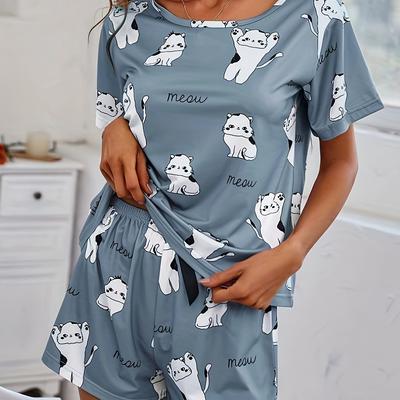 TEMU Women's Cute Cat Print Pajama Set, Short Sleeve Round Neck Top & Shorts, Comfortable Relaxed Fit Image