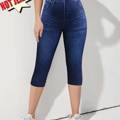 TEMU Women's Stretch Denim-look Capri Leggings - Casual Mid-calf Design With Slant Pockets, Spring/summer Fashion, Machine Washable, Polyester Blend, Non-jean Material, High Waisted Leggings Image
