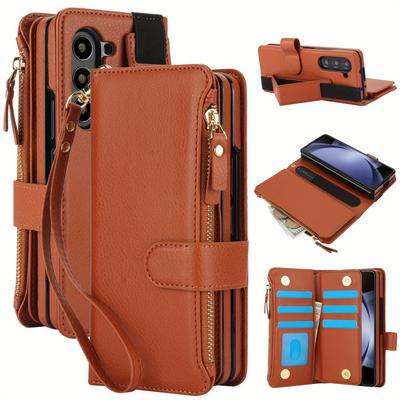 TEMU Compatible With 4 5 6 Folding Screen Mobile Phone Case With Lanyard, Zipper, Coin Purse, Flip Cover, Leather Case With Card Slot, Stand And Card Protection Image