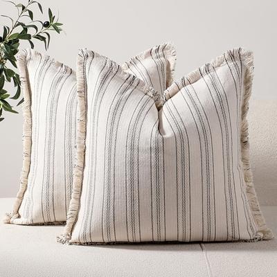 TEMU 2pcs Bocwre Bohemian Farmhouse Striped Throw Pillow Covers, 18x18 Inch, Linen Texture, Fringed Edges, Zip Closure - Ideal For Home Decor Cushion Cases, Decorative Pillows Image