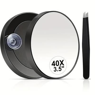 TEMU Mini Magnifying Mirror Set, 40x Magnifier With Tweezers, Makeup Mirror, Wall Mounted Acrylic Mirror With Suction Cup, Shaving And Skincare, Suitable For Gifting, Portable Image