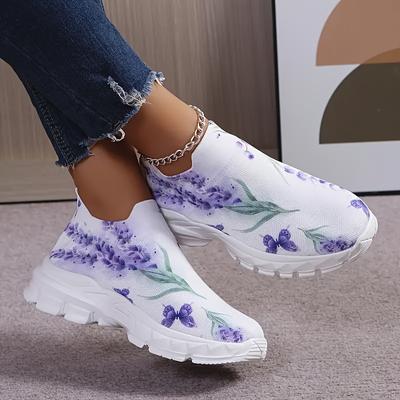 TEMU Women's Elegant Floral Print Slip-on Sneakers - Sole, Breathable Fabric Upper, Lightweight, Casual Shoes With Round Toe Design, Casual Walking Shoe | Floral Print Sneakers | Sole Image
